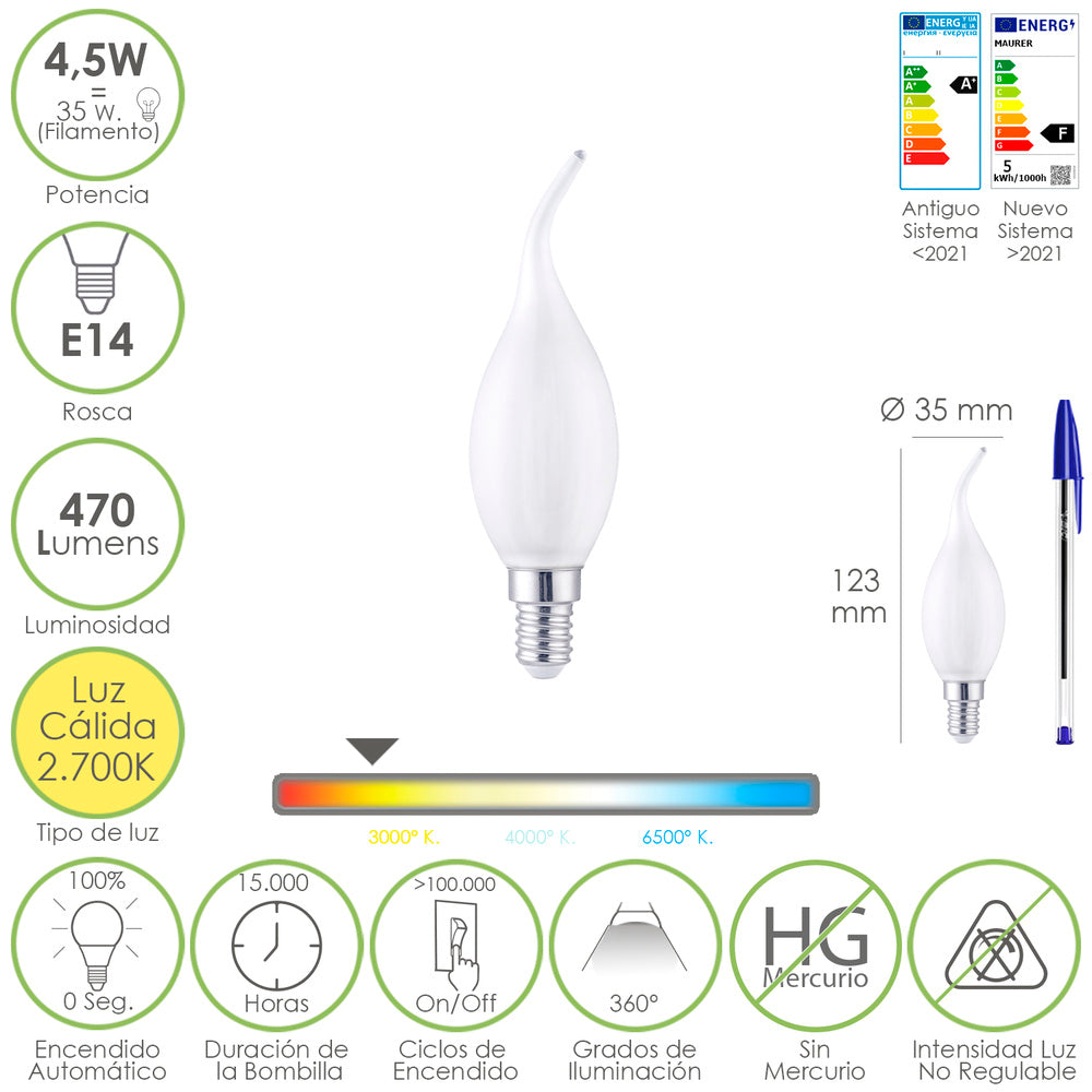 E14 Frosted Candle Flame Filament LED Bulb. 4.5 watt. Equivalent to 35 watt. 470 lumens. Warm white 2700K.