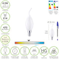 E14 frosted flame candle LED filament bulb. 4.5 watt. Equivalent to 35 watt. 470 lumens. Neutral light 4000º k.