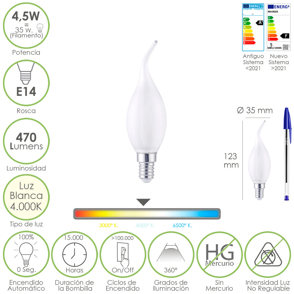 E14 frosted flame candle LED filament bulb. 4.5 watt. Equivalent to 35 watt. 470 lumens. Neutral light 4000º k.