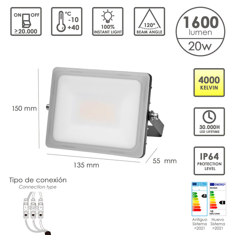 Foco LED plano potencia 20 watt. 1600 lumenes. luz blanca 4000ºk protección IP65. cuerpo aluminio. foco exteriores / interiores