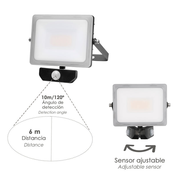 Foco LED plano 30 watt. luz blanca 4000º k  IP 65 2400 lumenes con sensor de presencia