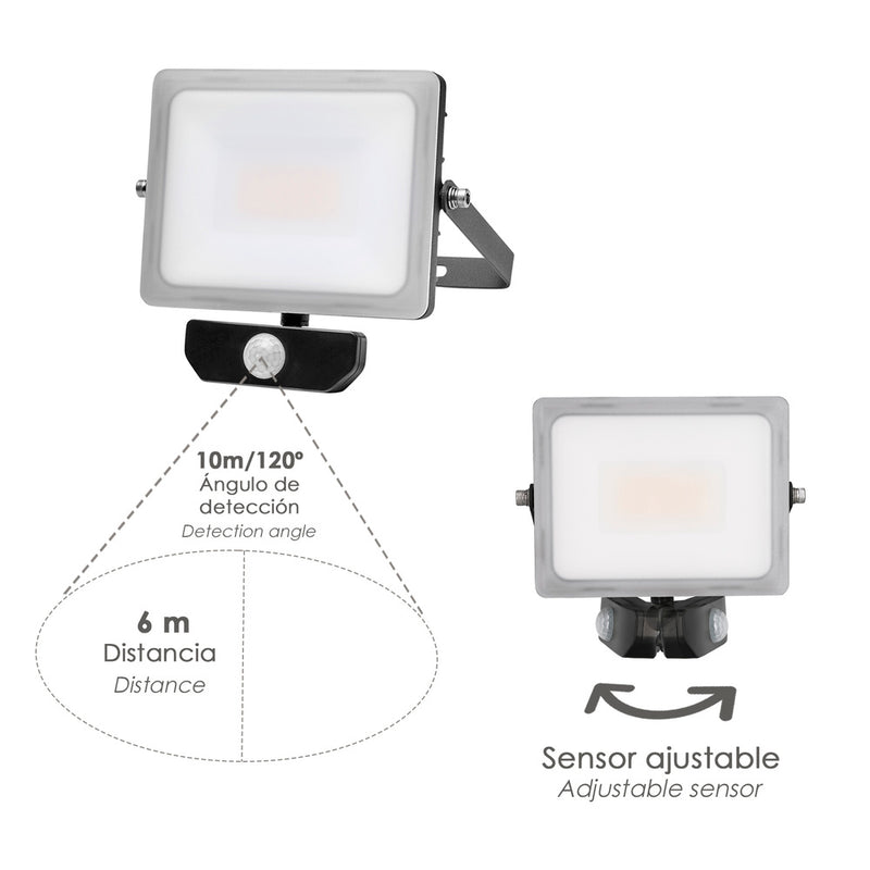 Foco LED plano 30 watt. luz blanca 4000º k  IP 65 2400 lumenes con sensor de presencia