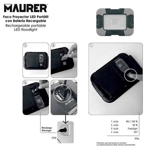 Foco LED plano recargable  10 watt. 800 lumenes luz blanca 4000ºk protección IP44. portatil proyector LED obras