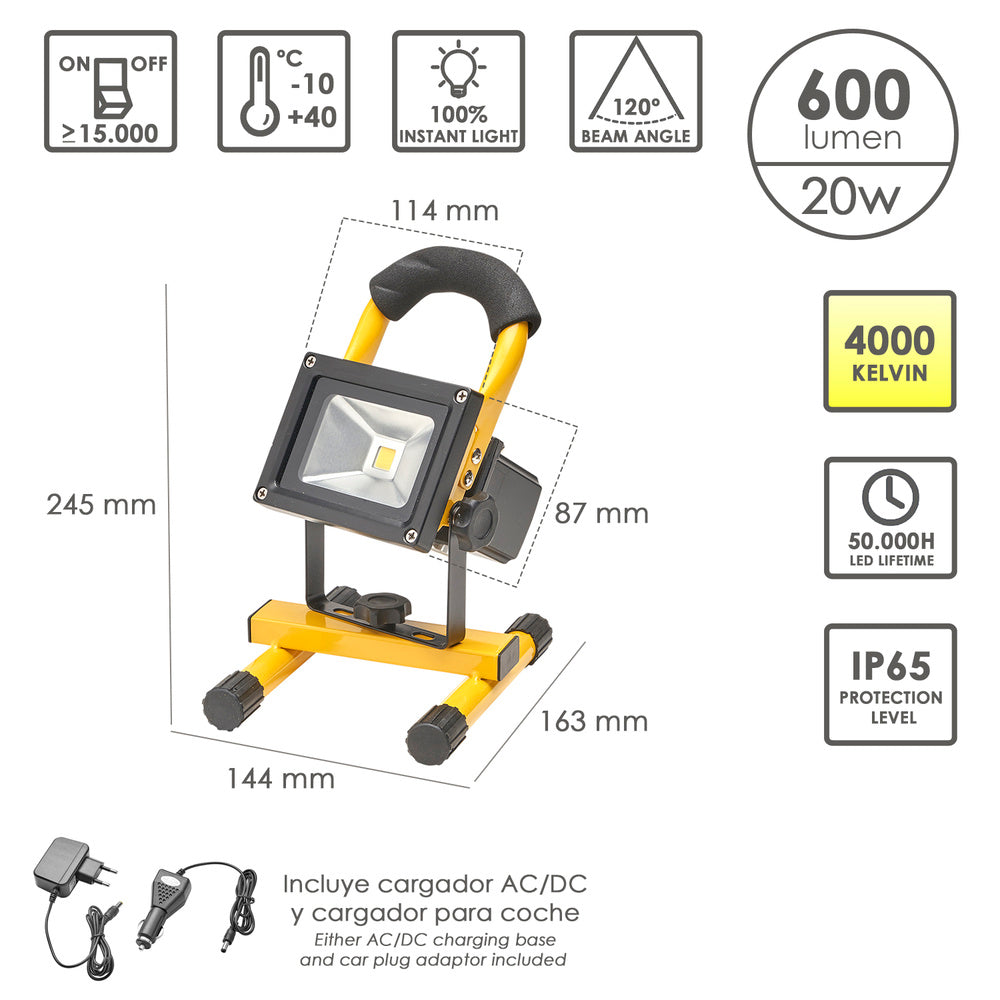 Foco led 20 watt. Luz blanca 4000º k ip 65 600 lúmenes con asa de transporte, proyector led con asa, foco led trabajo