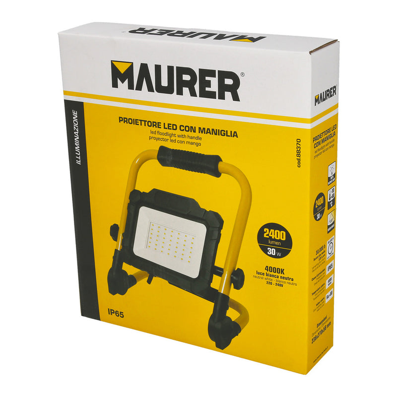 Foco LED plano 30 watt. luz blanca 4000º k IP 65 3300 lumenes con asa de transporte