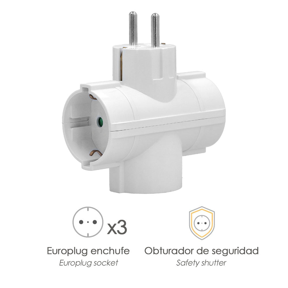 Adaptador triple schuko 16 a 250 v.