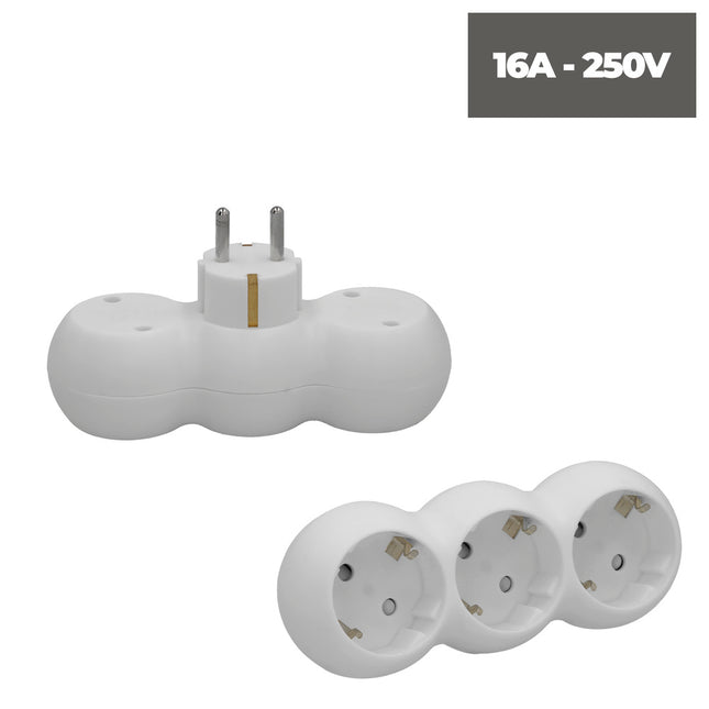Adaptador triple schuko recto 16A. 250V