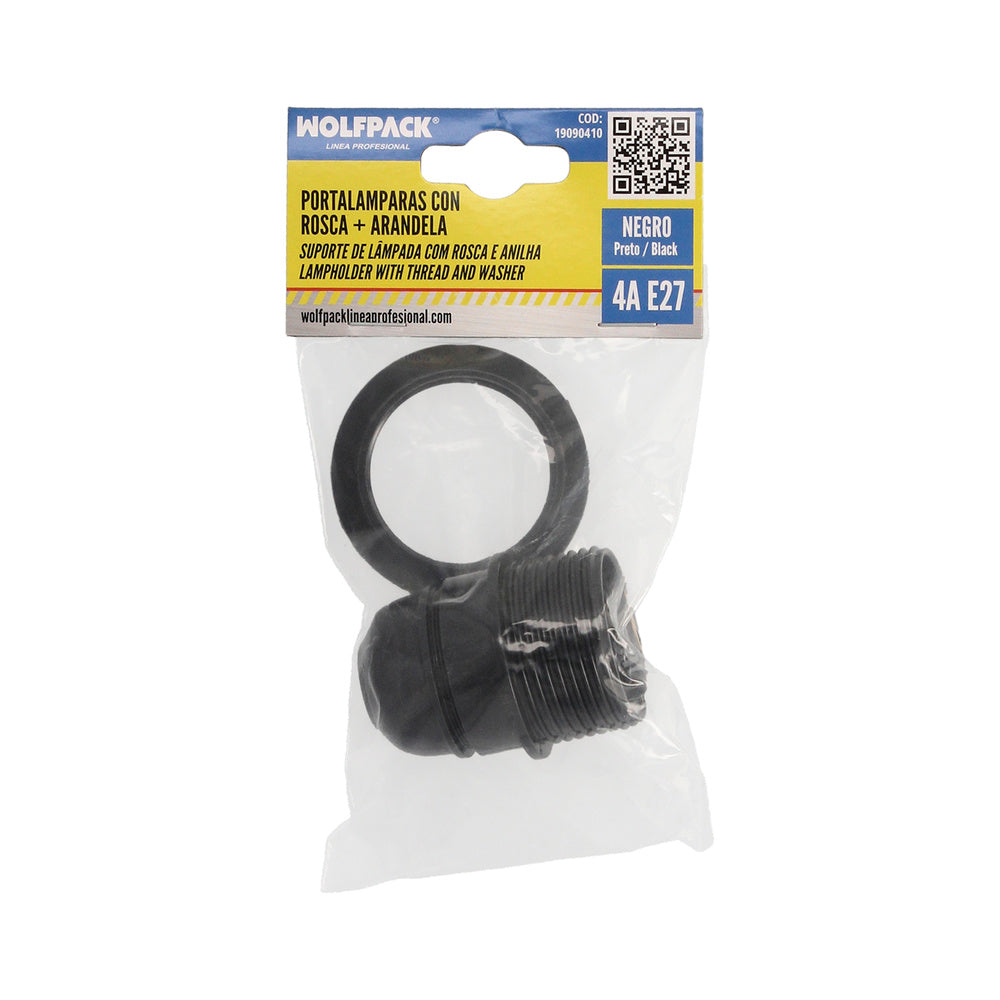 Casquilho E27 com rosca + anilha preto