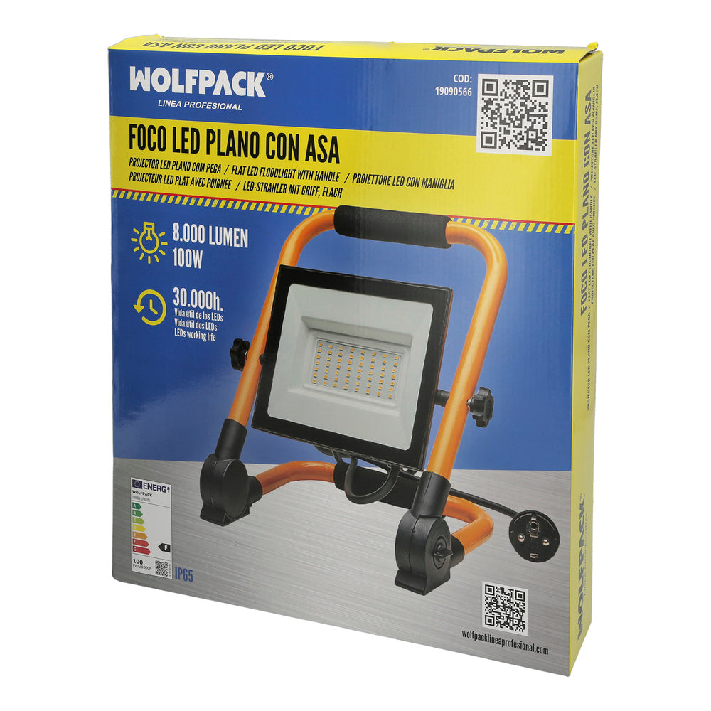 Foco led plano 100 watt / 4000 k / ip 65 / 8000 lúmenes. Con asa de transporte.