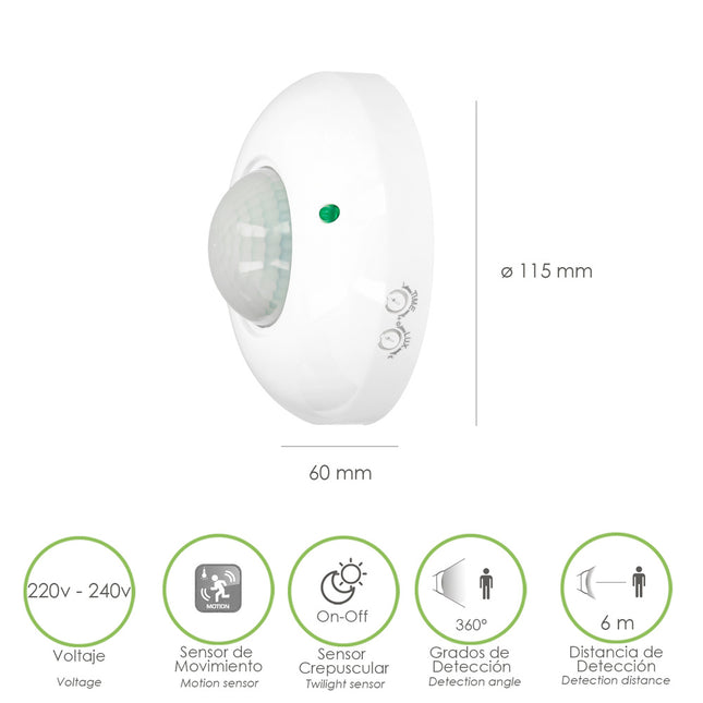 Detector de movimiento por infrarrojos con sensor crepuscular 360°. ajustable