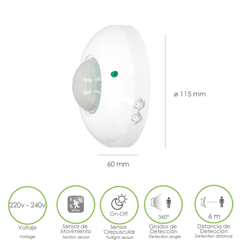 Detector de movimiento por infrarrojos con sensor crepuscular 360°. ajustable