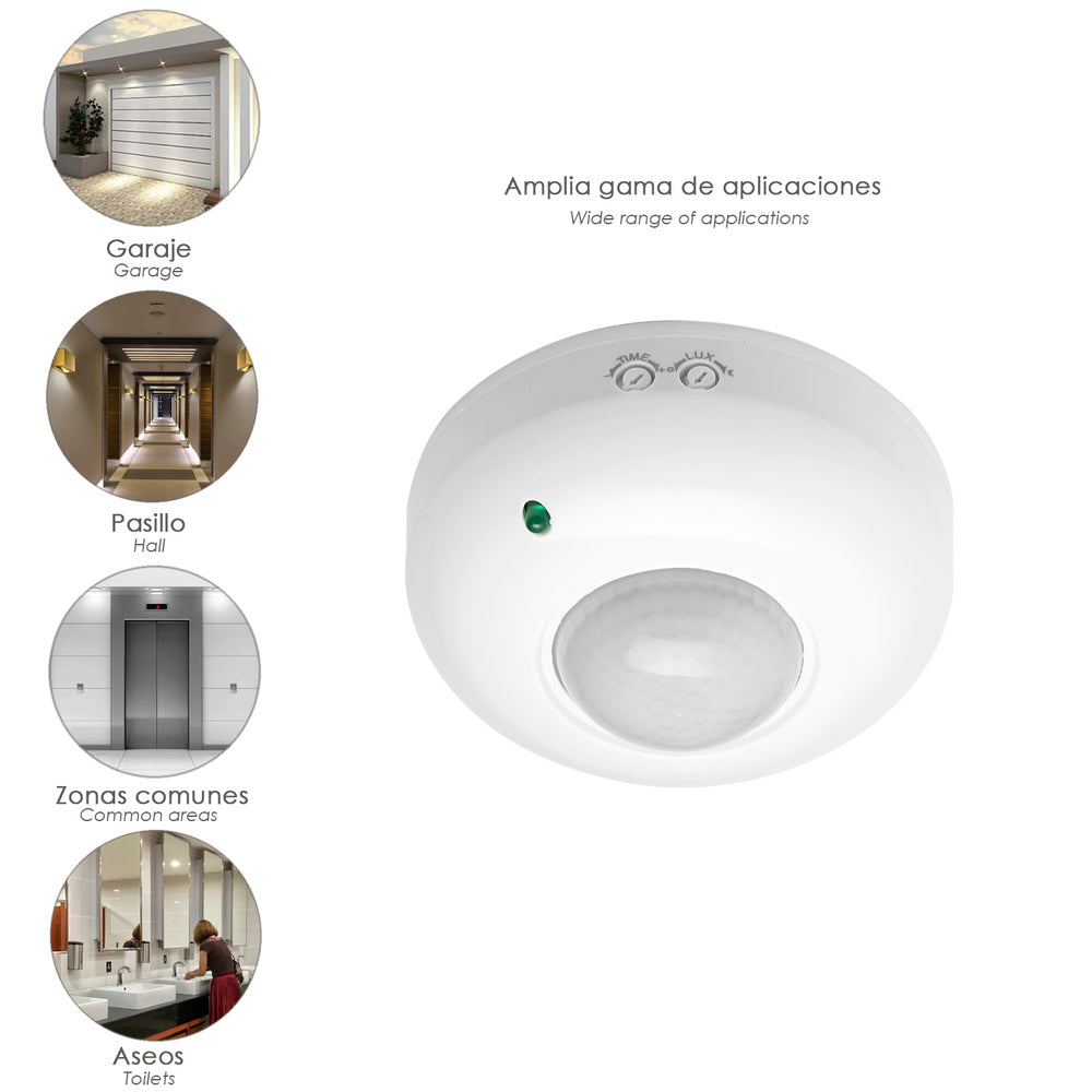 Detector de movimiento por infrarrojos con sensor crepuscular 360°. Ajustable