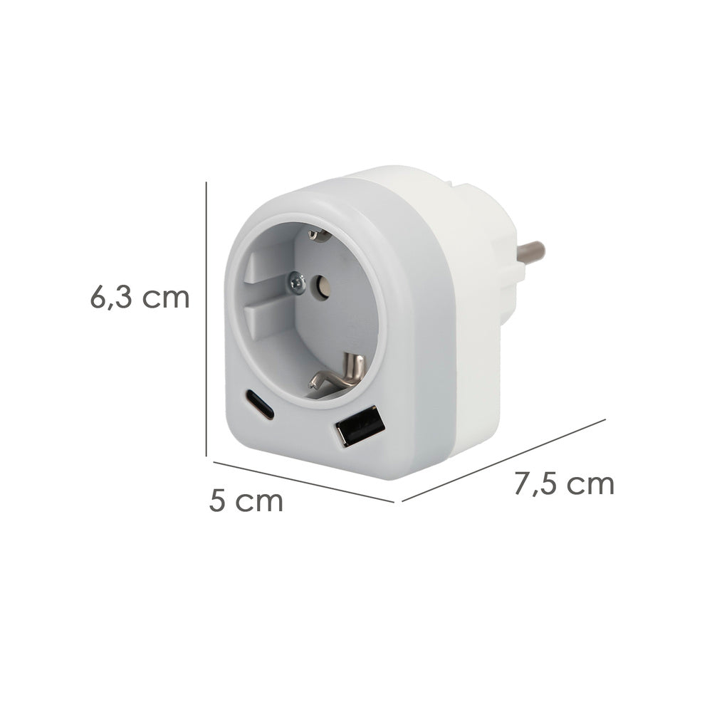 Enchufe / adaptador schuko con 2 tomas, usb a / c. Potencia máxima 3680 w. Cargador móviles, cargador 2 tomas, adaptador móviles