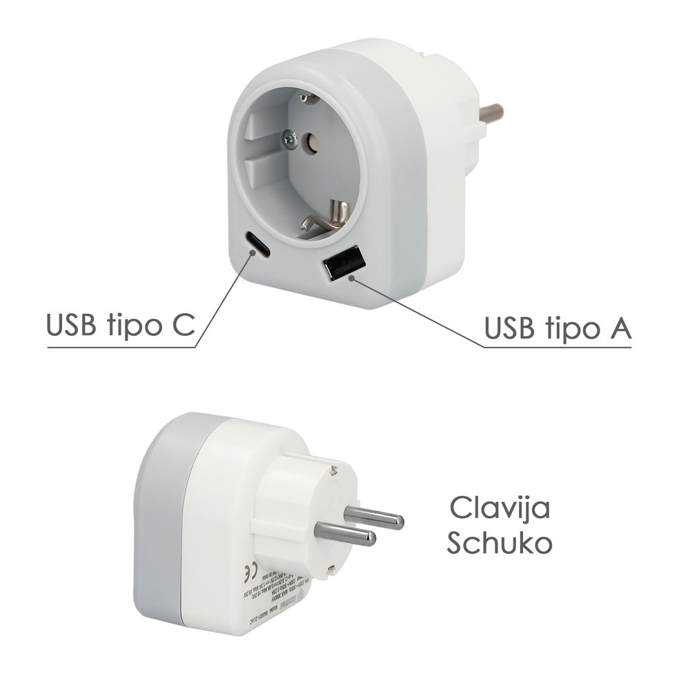 Enchufe / adaptador schuko con 2 tomas, usb a / c. Potencia máxima 3680 w. Cargador móviles, cargador 2 tomas, adaptador móviles