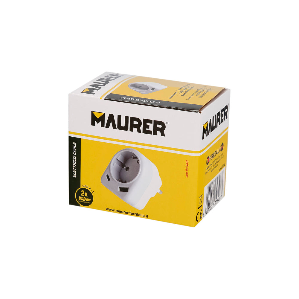 Enchufe / adaptador schuko con 2 tomas, usb a / c. Potencia máxima 3680 w. Cargador móviles, cargador 2 tomas, adaptador móviles