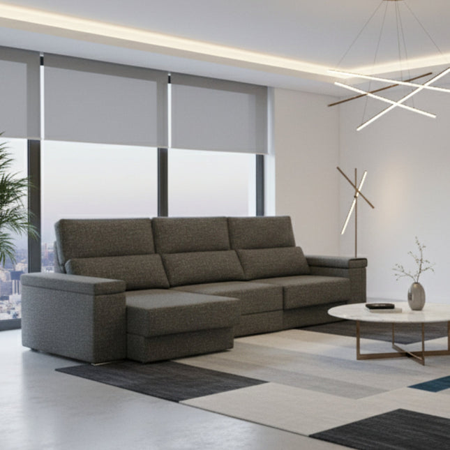 Sofá chaiselongue gris 3 plazas con asientos extensibles