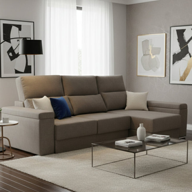 Sofá chaiselongue gris suave y cómodo para salón moderno