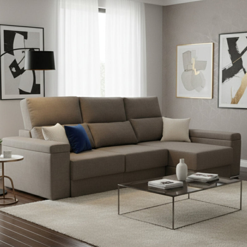 Sofá chaiselongue gris suave y cómodo para salón moderno