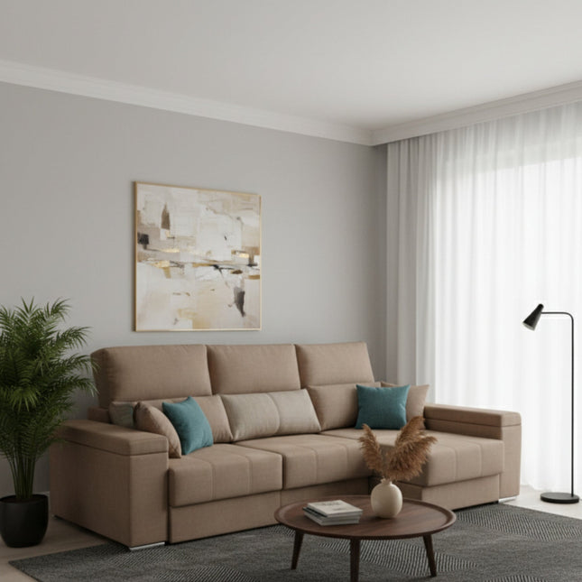 Sofá chaiselongue tapizado aterciopelado arena | salón