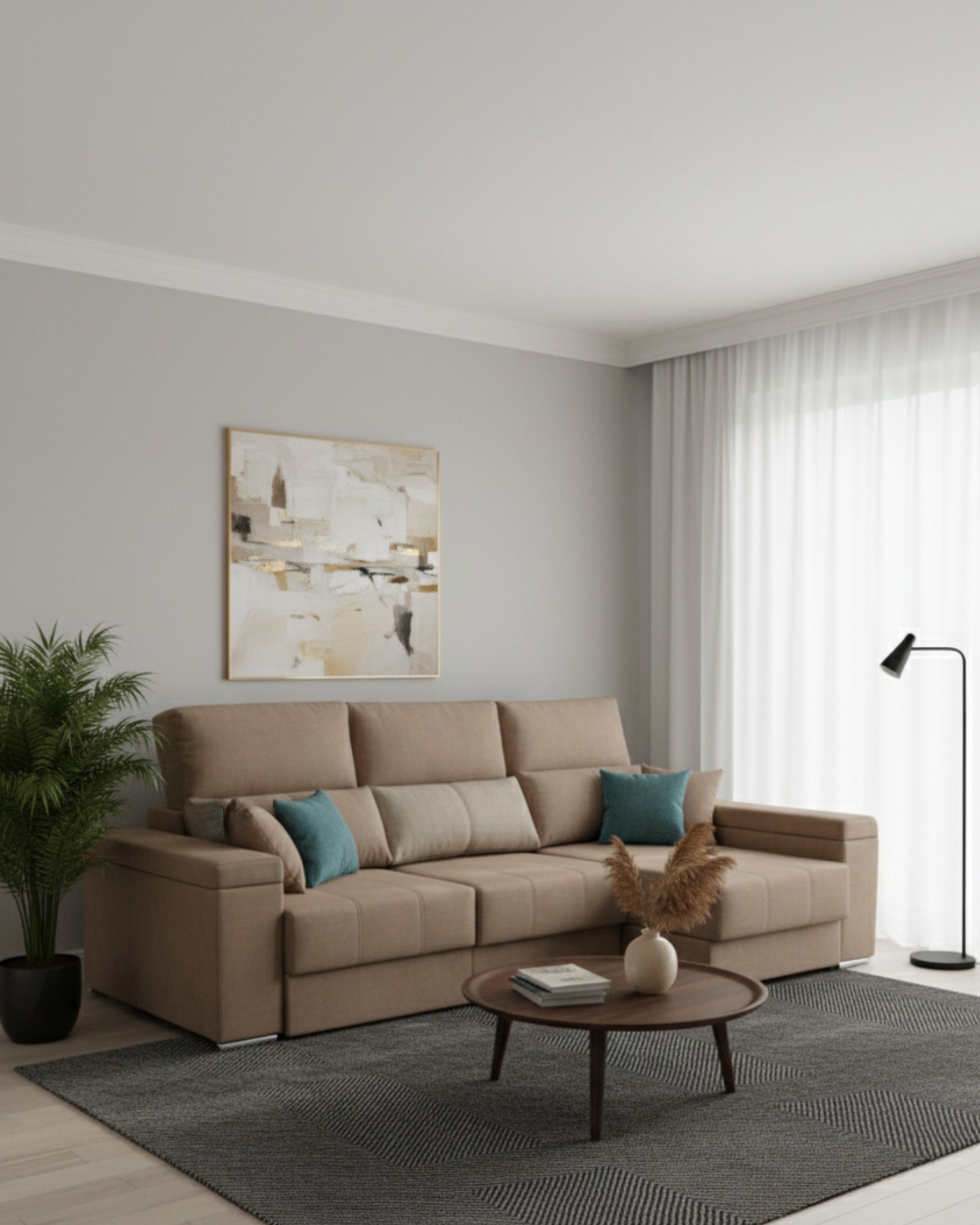 Sofá chaiselongue tapizado aterciopelado arena | salón