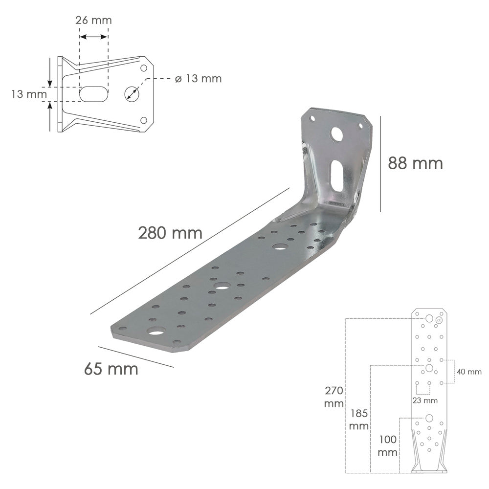 Soporte para madera con angulo reforzado 65x88x285 mm conector angular, escuadra fijación, zapata madera soporte pérgola madera