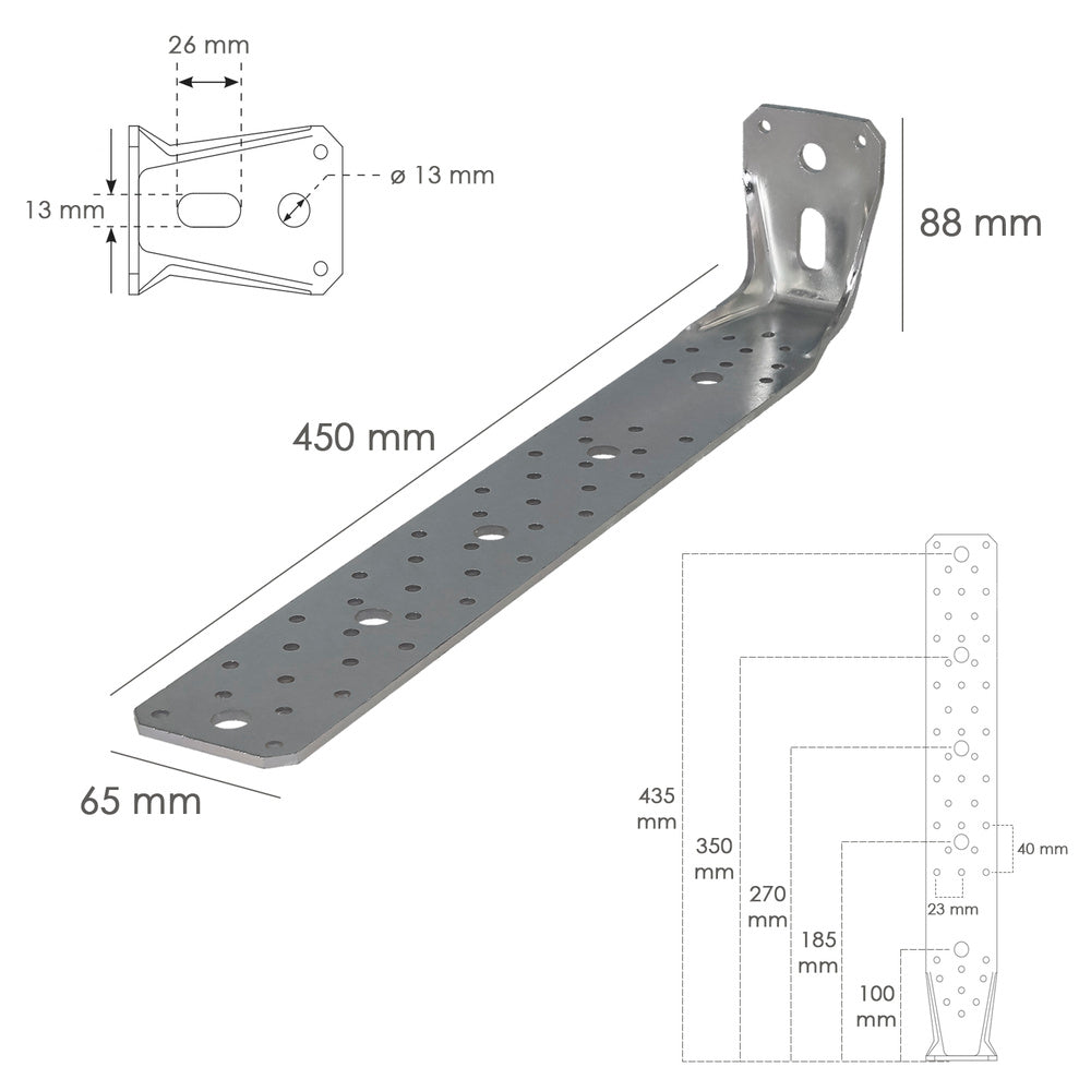 Soporte para madera con angulo reforzado 65x88x450 mm conector angular, escuadra fijación, zapata madera soporte pérgola madera