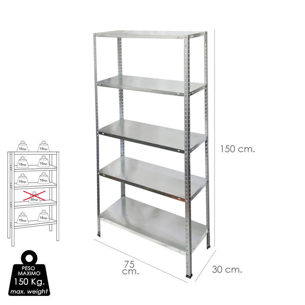 Galvanized steel shelving unit with 5 shelves 150x75x30 cm adjustable shelves. Maximum weight 150 kg.