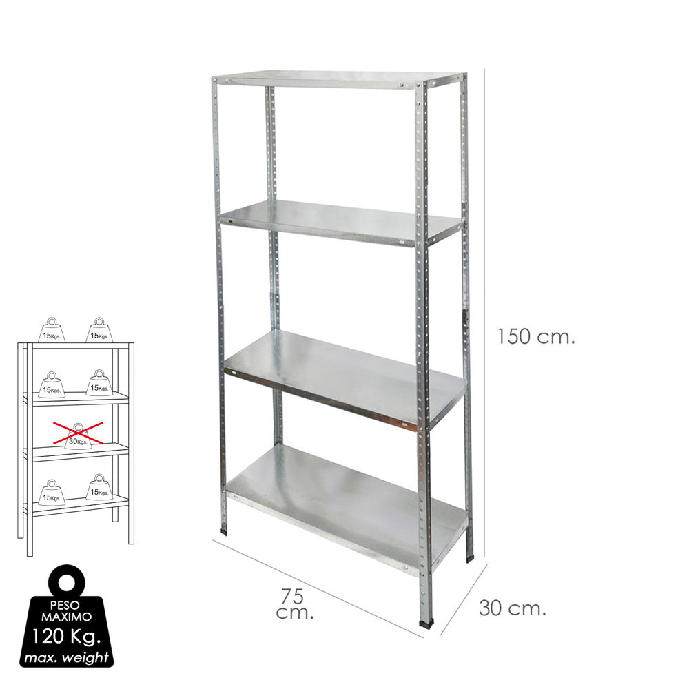 Galvanized steel shelving unit with 4 adjustable shelves 150x75x30 cm. Maximum weight 120 kg.