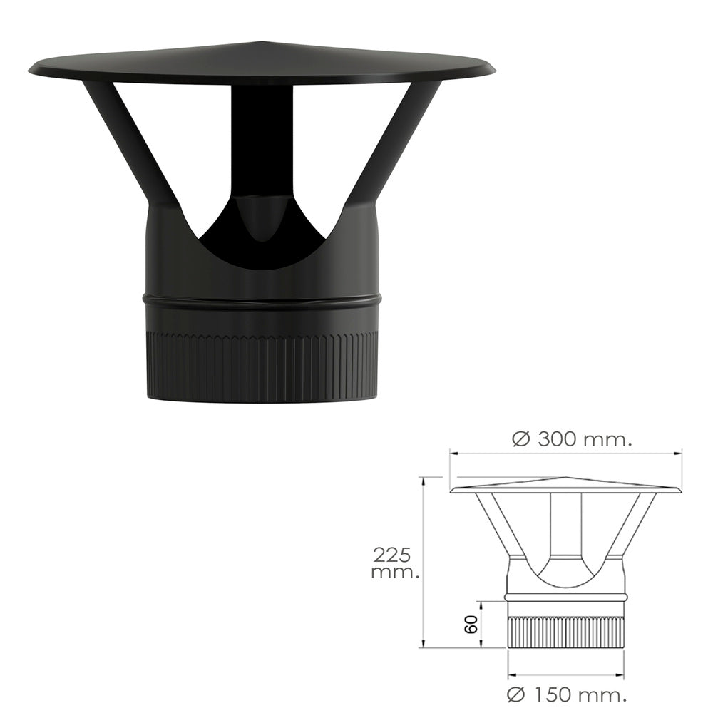 Sombrero estufa vitrificado negro ø 150 mm sombrero tubo chimenea, sombrero tubo humo, sombrero tubo calefacción, sombrero humo