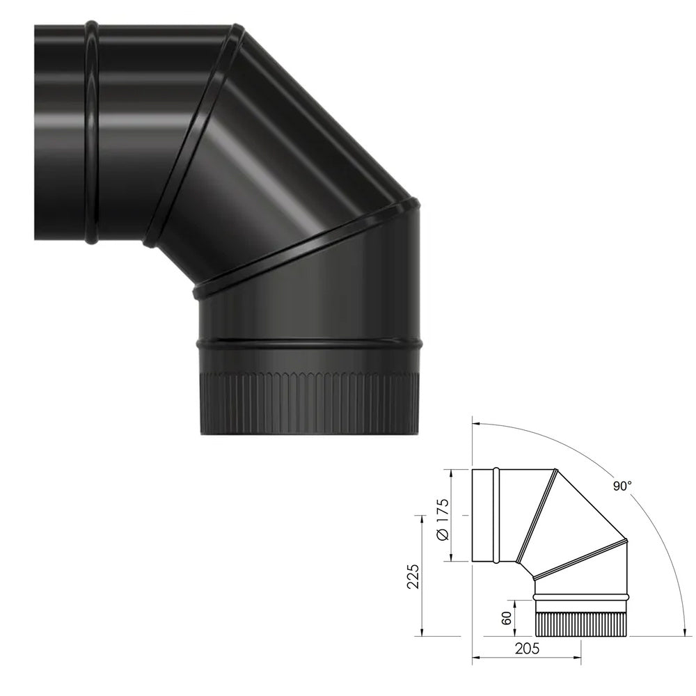 Smooth vitrified black stove elbow ø 175 mm 90°
