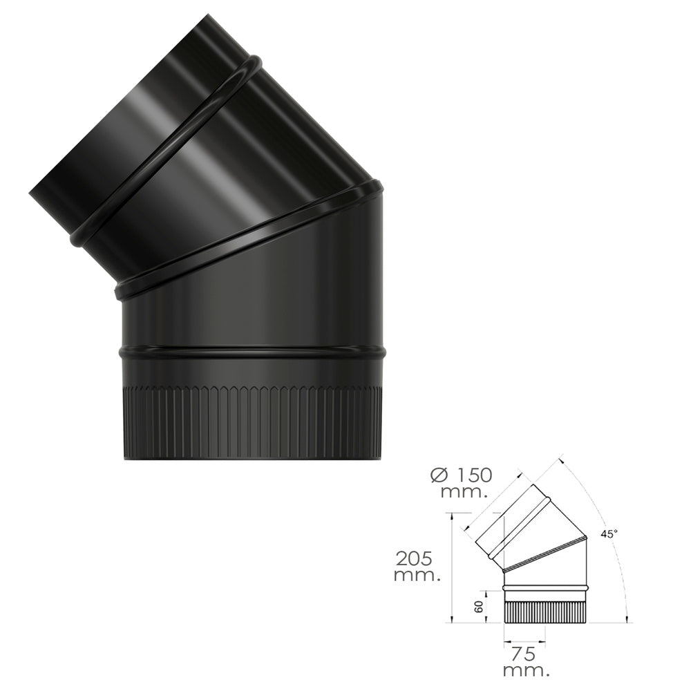 Codo estufa liso negro vitrificado ø 150 mm 45°