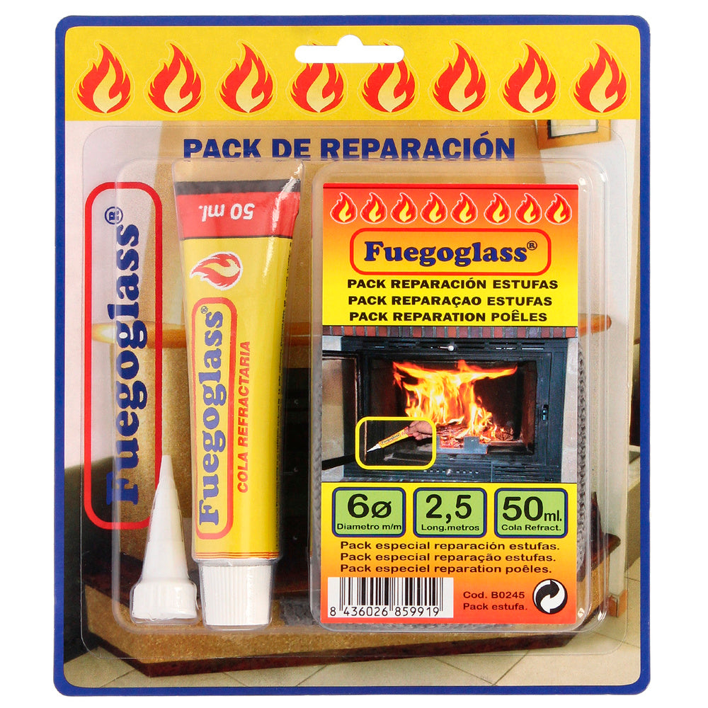 Kit reparacion estufas/chimeneas, cola refractaria y cordon fibra vidrio 6 mm x 2,5 m.