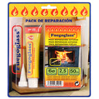 Kit reparacion estufas/chimeneas, cola refractaria y cordon fibra vidrio 6 mm x 2,5 m.
