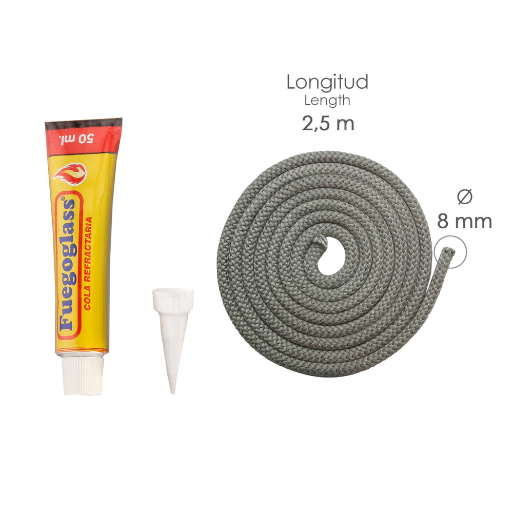 Kit reparacion estufas/chimeneas, cola refractaria y cordon fibra vidrio 8 mm x 2,5 m.