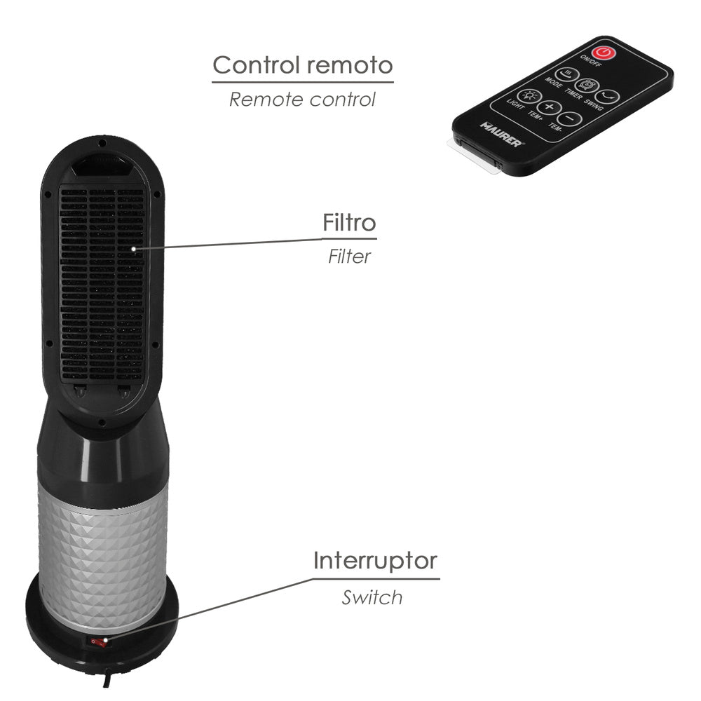 Termoventilador cerámico oscilante con mando 1.300 / 2.000 watt. Temporizador 12 horas.