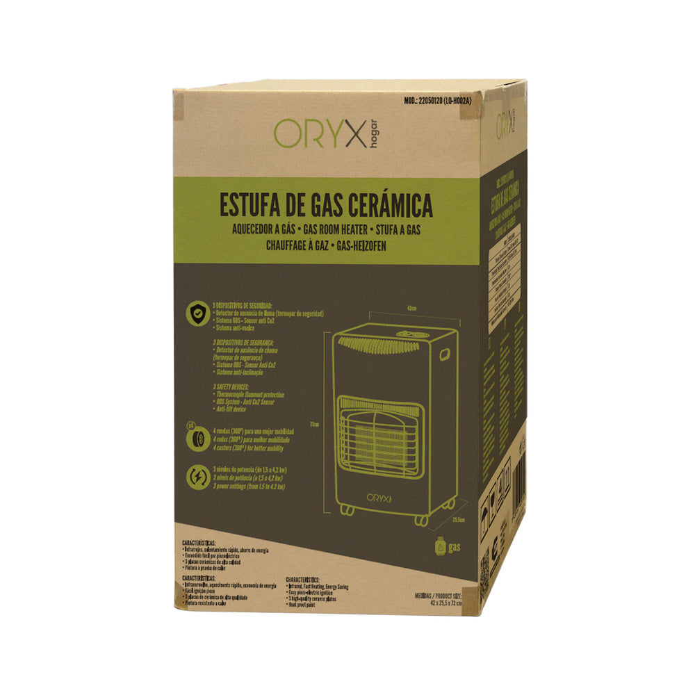 Estufa gas infrarroja cerámica 4,5 kw. 3 potencias, triple sistema de seguridad, con ruedas, encendido piezo-electrico