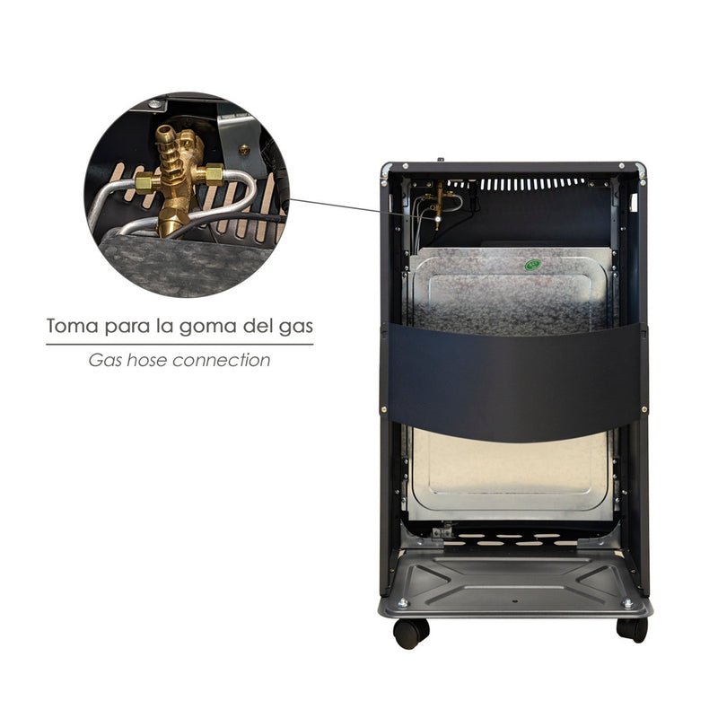 Estufa gas infrarroja cerámica 4,5 kw. plegable 3 potencias, triple sistema de seguridad, con ruedas, encendido piezo-electrico