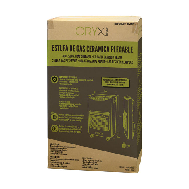 Estufa gas infrarroja cerámica 4,5 kw. plegable 3 potencias, triple sistema de seguridad, con ruedas, encendido piezo-electrico