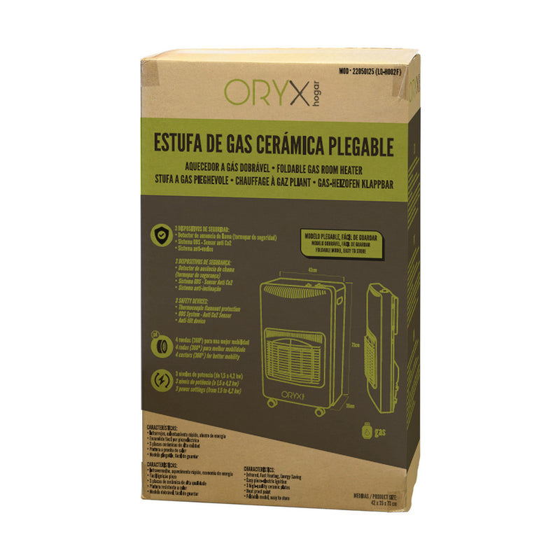 Estufa gas infrarroja cerámica 4,5 kw. plegable 3 potencias, triple sistema de seguridad, con ruedas, encendido piezo-electrico