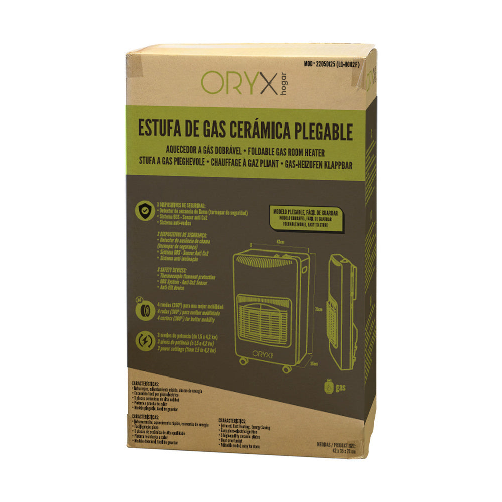 Estufa gas infrarroja cerámica 4,5 kw. Plegable 3 potencias, triple sistema de seguridad, con ruedas, encendido piezo-electrico