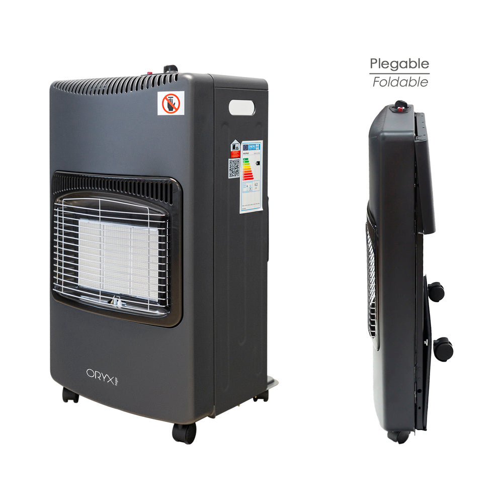 Estufa gas infrarroja cerámica 4,5 kw. Plegable 3 potencias, triple sistema de seguridad, con ruedas, encendido piezo-electrico