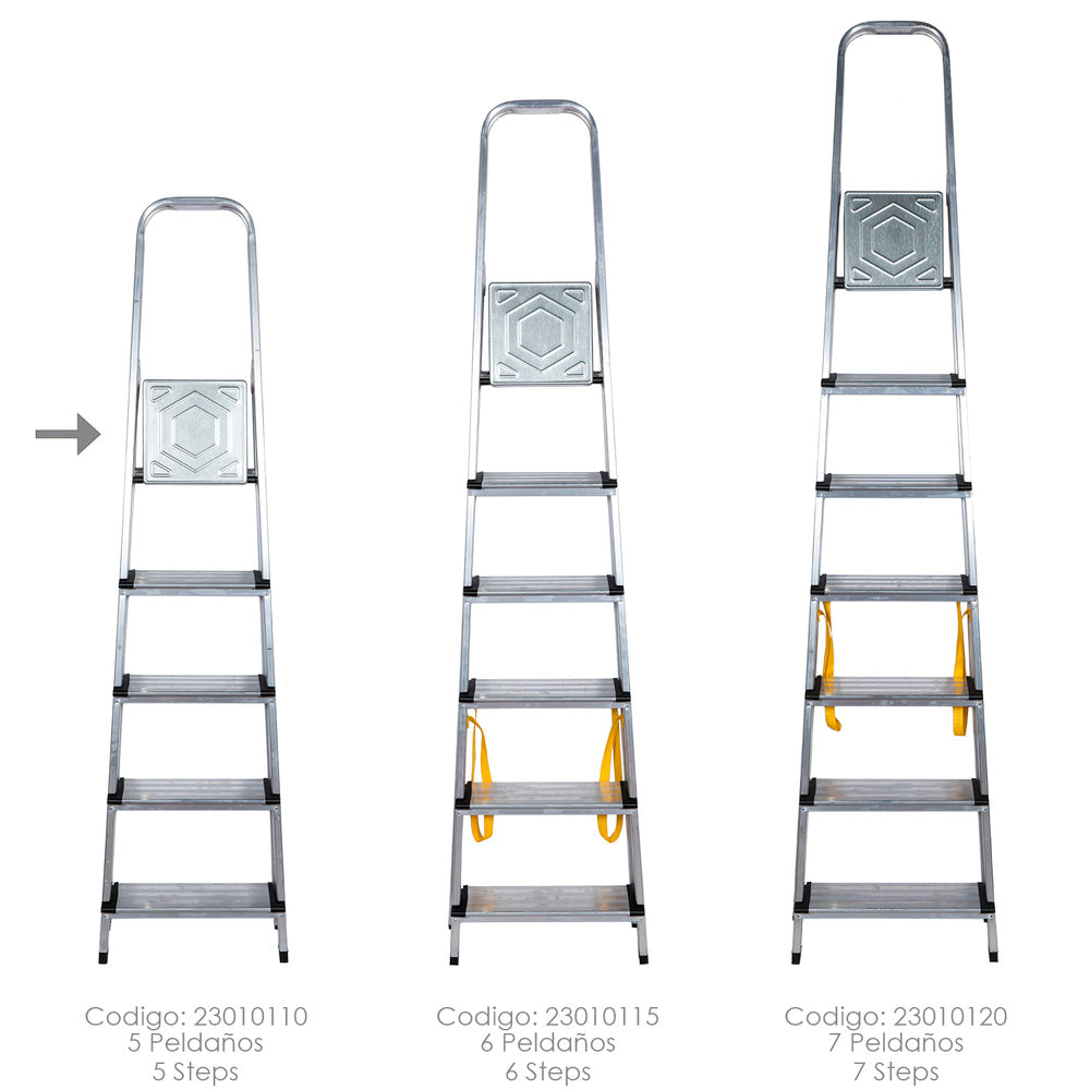 Escalera doméstica aluminio profesional 5 peldaños 12 cm grosor.