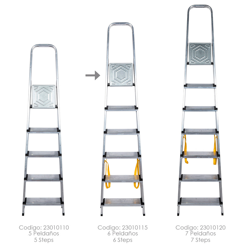 Escalera doméstica aluminio profesional 6 peldaños 12 cm grosor.