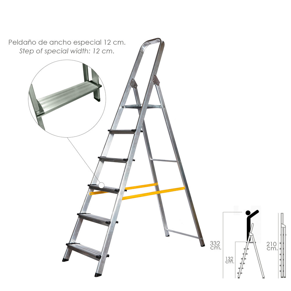 Escalera doméstica aluminio profesional 6 peldaños 12 cm grosor.