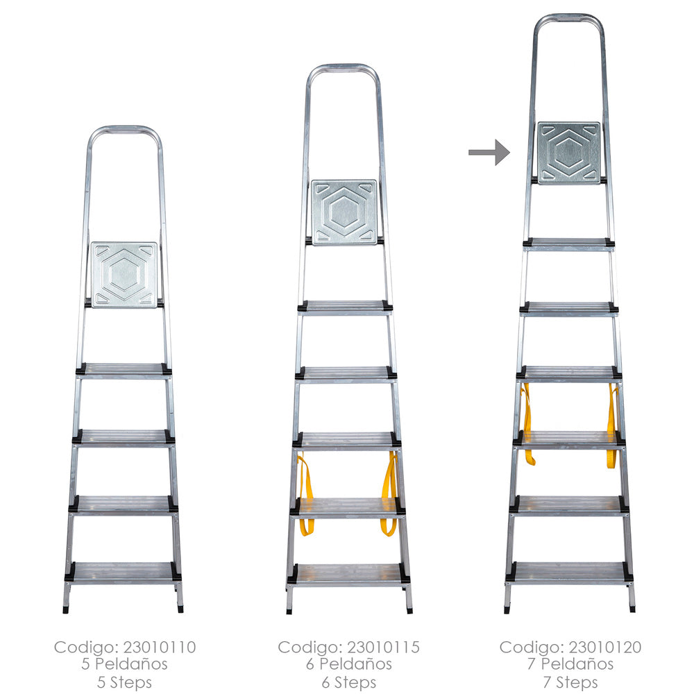 Escalera doméstica aluminio profesional 7 peldaños 12 cm grosor.