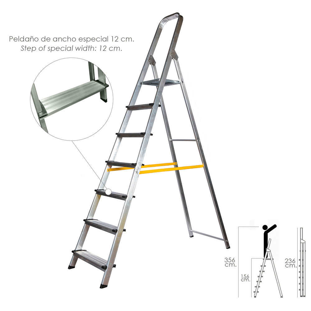 Escalera doméstica aluminio profesional 7 peldaños 12 cm grosor.