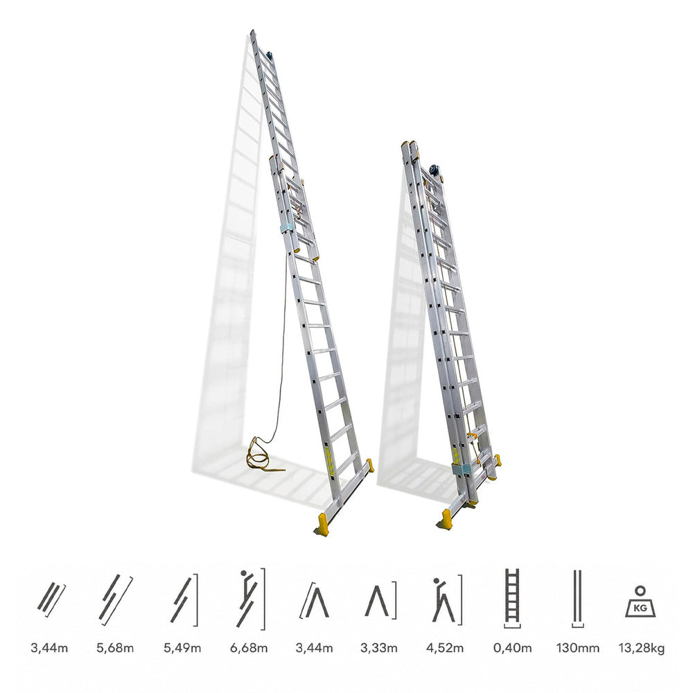 Escalera aluminio 2 tramos 12+12 peldaños. Plegable, antideslizante, resistente