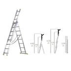 Escalera aluminio 3 tramos 9+9+9 peldaños. Plegable, telescópica, antideslizante, resistente.