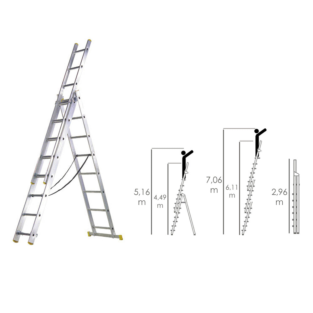 Escalera aluminio 3 tramos 10+10+10 peldaños. Plegable, telescópica, antideslizante, resistente.
