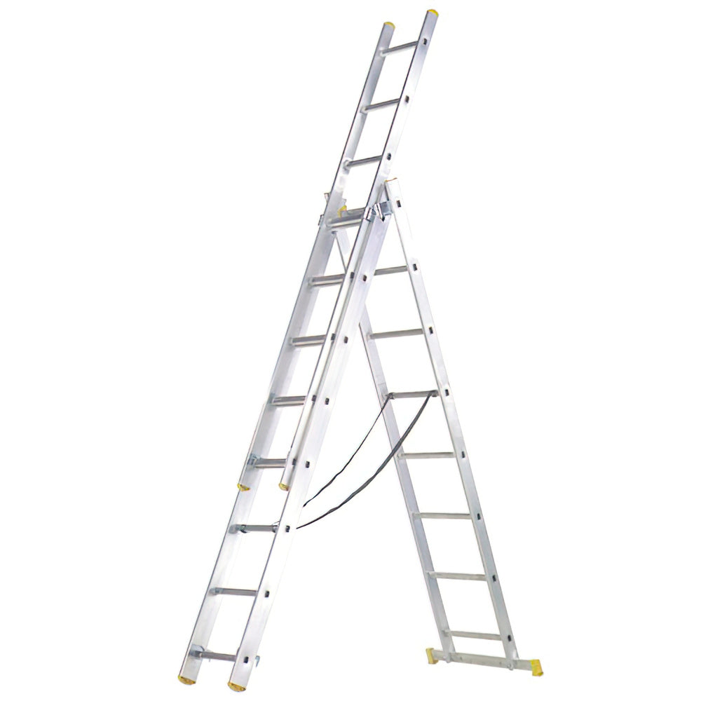 Escalera aluminio 3 tramos 10+10+10 peldaños. Plegable, telescópica, antideslizante, resistente.